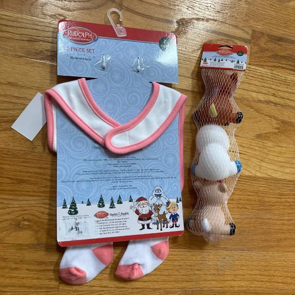 Rudolph Pink Trim 'My Very First Christmas' Baby Bib & Sock Set